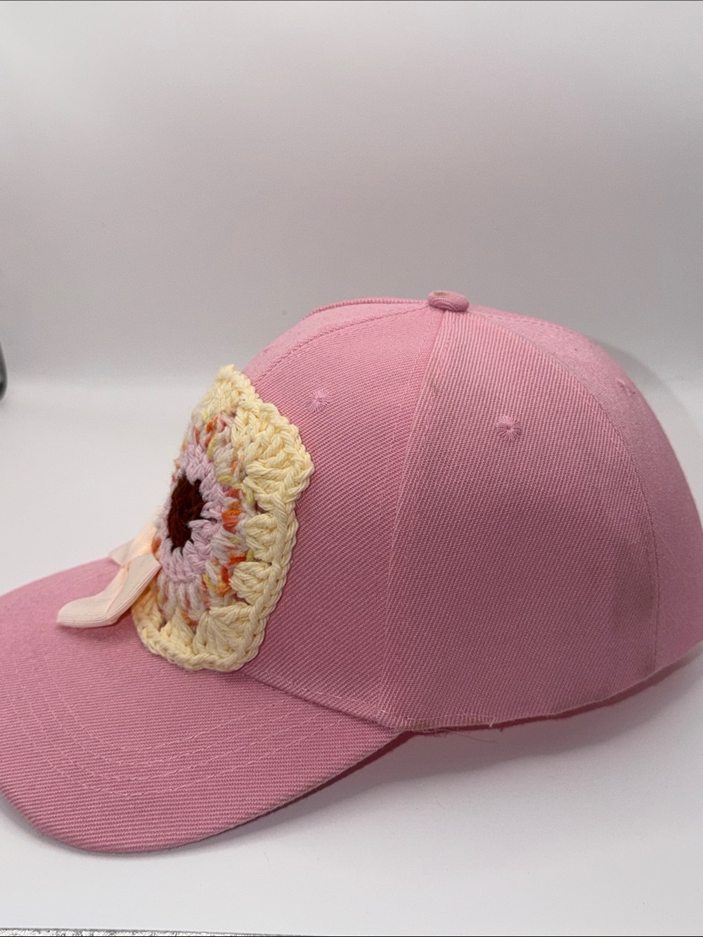 Handmade Pink Sunflower Crochet Baseball Cap Bow Coquette Granny Square Hat - Picture 7 of 8